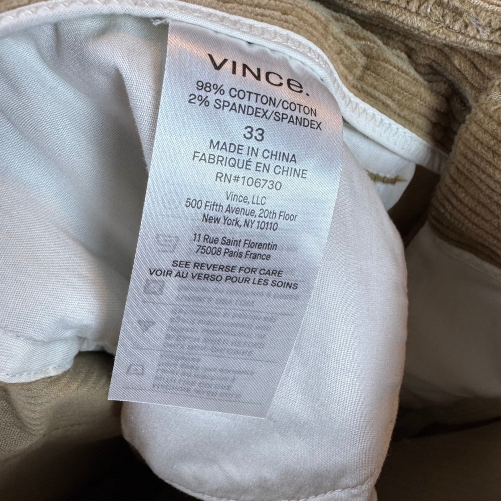 Vince Classic Fit Owen 5 Pocket Corduroy Pants Mens Size 33 Tan - Picture 7 of 9